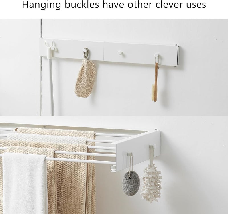 RFOUO Clothes Drying Rack,Laundry Hanging Rack Collapsible,Wall Mounted Drying Rack for Laundry,Foldable Drying Rack Indoor Outdoor,31.5" Wide,5 Aluminum Rods with Hooks, 60 lb Capacity (White 31.5" Hooks) - Image 5